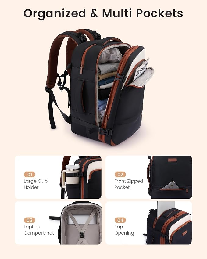 LOVEVOOK Carry On Travel Backpack For Women Flight Approved, 55L Personal Item Travel Bag Flight Approved, TSA Travel Bag Fit 18 Inch Laptop, Weekender Overnight Waterproof Daypack with 2 Cubes - Image 5