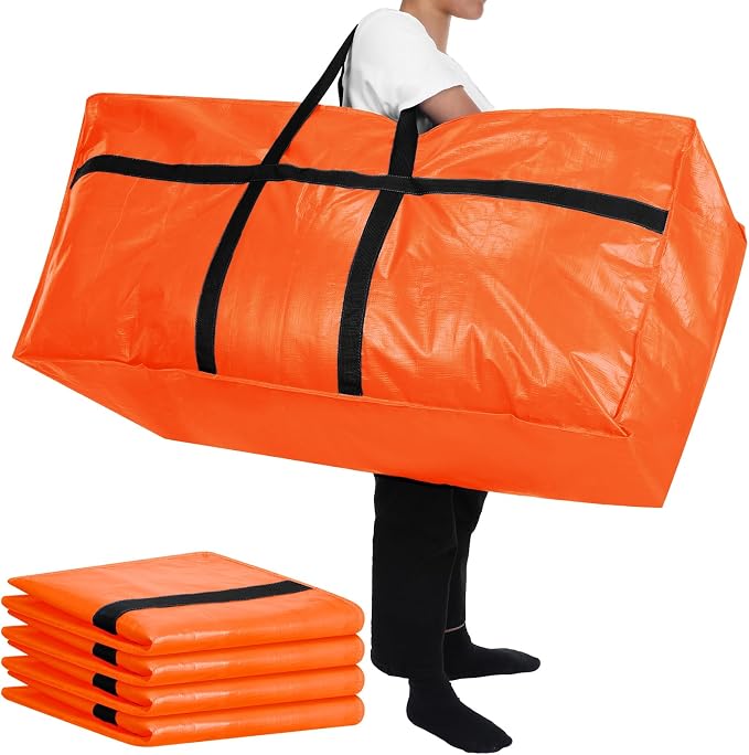 Windyun 4 Pack 57 Gallon Extra Large Moving Bags XXL Heavy Duty Storage Bag with Strong Zipper Handle Jumbo Big Tote Box Foldable for College Dorm Travel Clothes Duffle Blanket Pillow(Orange) by Windyun