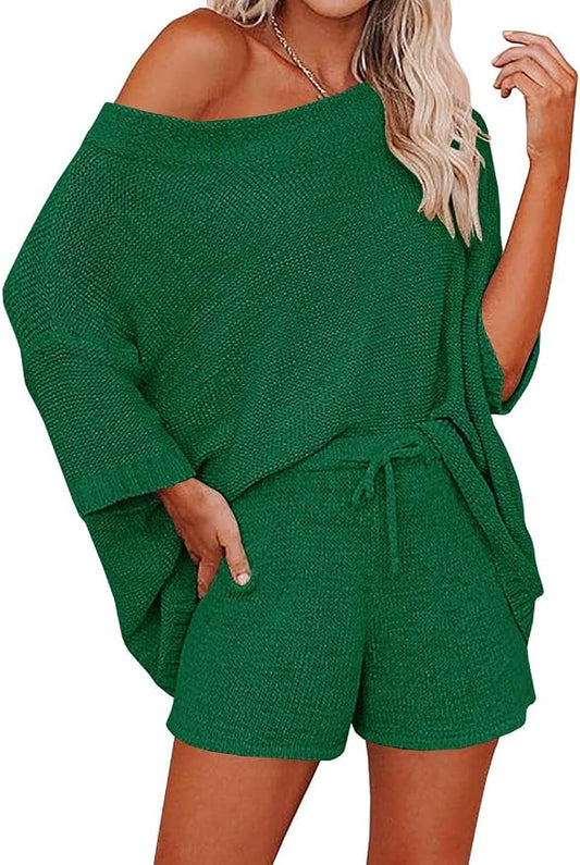 Ermonn Womens 2 Piece Outfits Sweater Sets Off Shoulder Knit Tops Waist Short Suits Casual Pajama Set by Ermonn