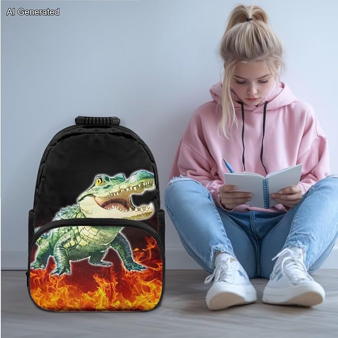 Flame Crocodile Boys School Backpack with Lunch Box Bag Kindergarten School Supplies for Kids Ages 6-10 Boys Polyester Fabric Lightweight Fortable Back to School Backpack Gift - Image 2