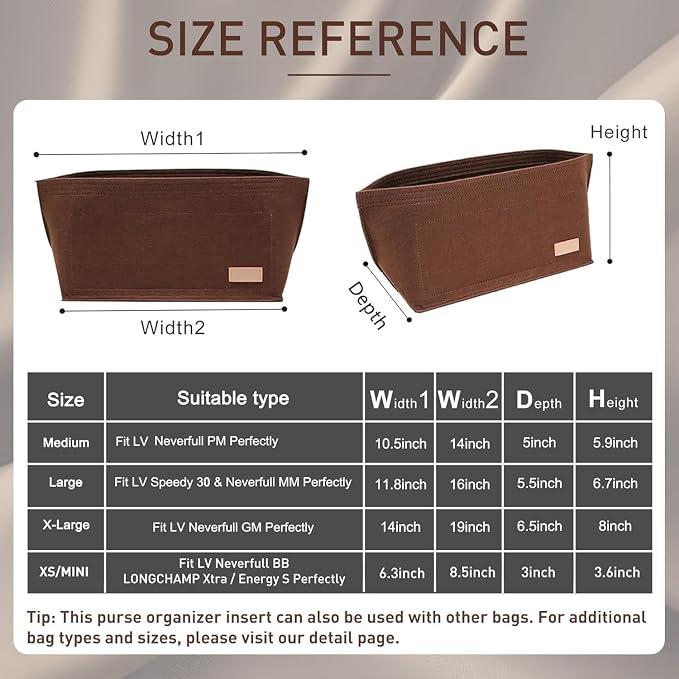 Purse Organizer Insert, Tote Bag Organizer Insert with Base Shaper,Felt Zipper Handbag Shaper Compatible with Neverfull MM Speedy 30 and More,Brown/L - Image 2