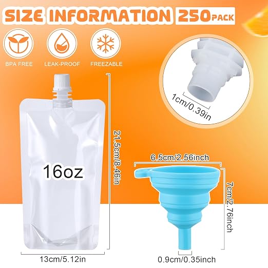 Patelai 250 Pieces Plastic Liquid Pouch Reusable Juice Pouches Travel Water Leak Proof Bags Bulk with Collapsible Silicone Funnel for Travel Outdoor (16 oz) - Image 4