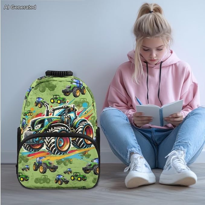 Green Buggy Backpack for Boys Kids Backpack with Lunch Box and Aesthetic Pencil Case 4 in 1 Set Bookbag for Elementary Kindergarten 17 inch Large Capacity School Bag with Compartments - Image 2