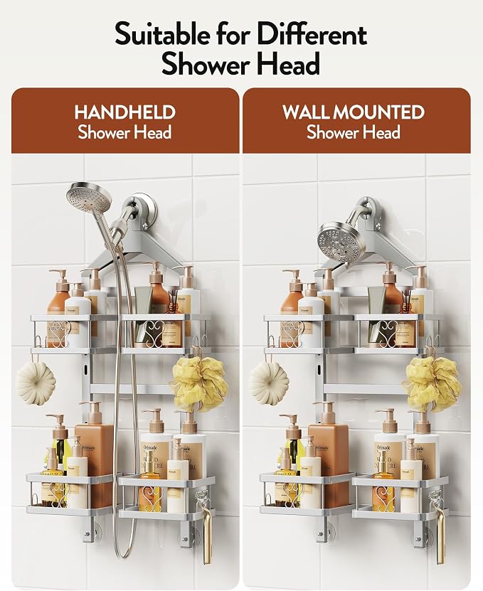 Orimade Adjustable Hanging Shower Caddy for Handheld Shower Heads, Rustproof Bathroom Shelf Organizer Over Showerhead Storage Rack with 8 Hooks, Easy-Clean Removable Baskets & Triple Anti-Slip, Silver - Image 3