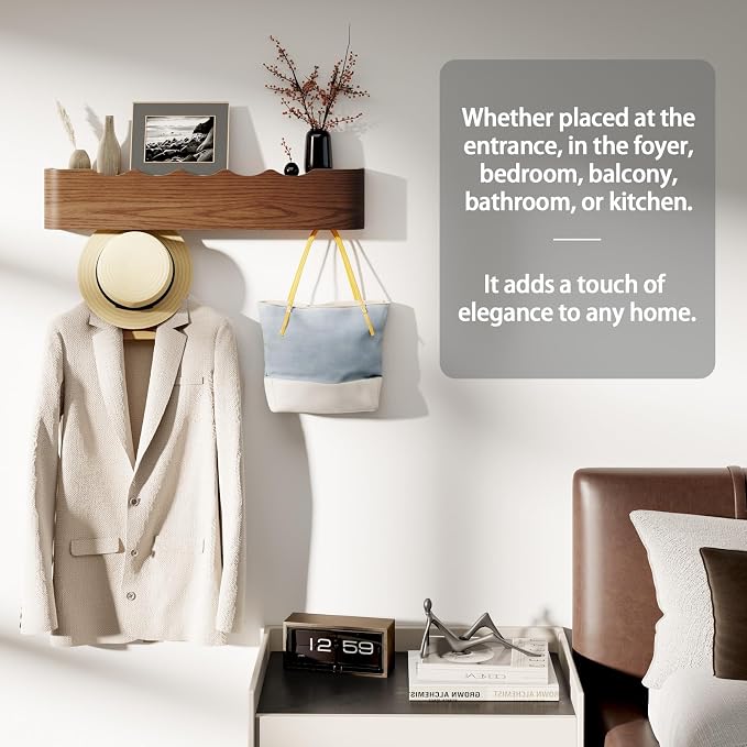 Coat Rack Wall Mount with Shelf 8 Hidden Hooks Modern Wooden Key Holder Entryway Organizer for Hallway Bedroom Bathroom Home Decor Storage for Hanging Coats Hats Bags Towels, Wave-Shape Walnut - Image 5