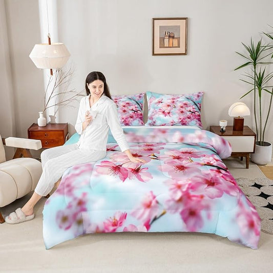 Erosebridal Cherry Blossoms Comforter Set Twin Size, Japanese-Style Floral Duvet Sets, Pink Flower Pattern Bedding Set for Kids Girls Teens Adult Bedroom, Romantic Bedding Comforters by Erosebridal