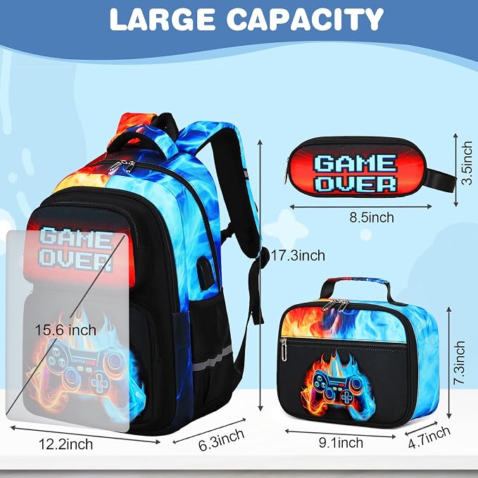 Bevalsa Backpack for Boys, School Bags for Kids, Bookbag for Boys Children Teens Backpacks for Elementary Middle High School Student, Bookbag and Lunch Bag Set with USB Charging Port (Flame) - Image 2
