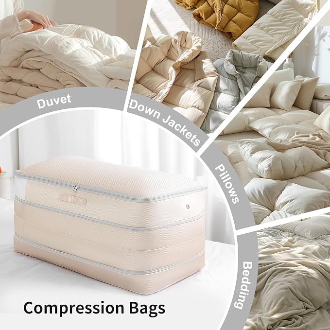 Comforter Storage Bag - Large Capacity Bedding Storage Bags Ultra Space Saving Self Compression Organizer, Washable Compression Bags for Storage Comforter Blanket Duvet Pillow, 2-Pack, Beige - Image 3