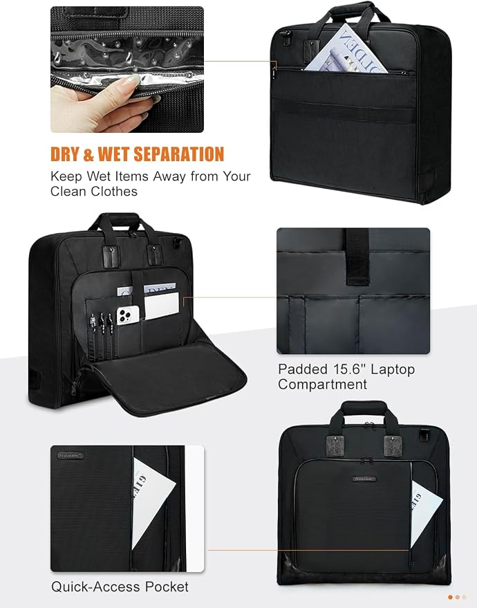 Noozion Garment Bag for Travel, Large Carry On Suit Bag for Business Up to 3 Suits, Wrinkle Free Garment Bag for Hanging Clothes with Shoulder Strap, Laptop Compartment, and Wet-Dry Pocket - Image 7