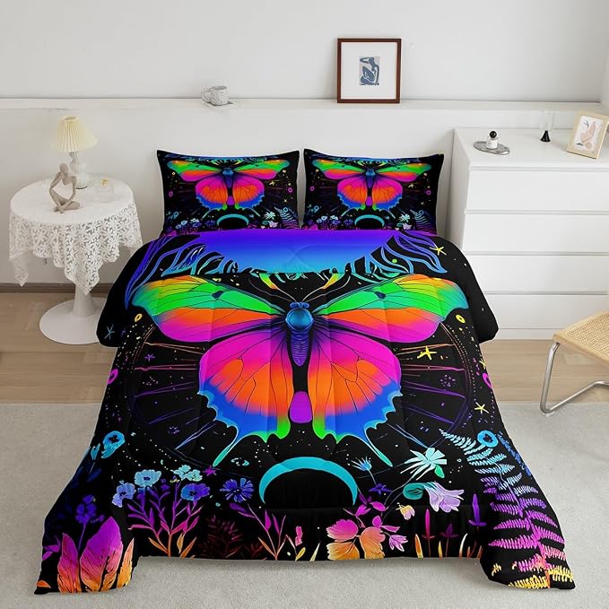 Erosebridal Moth Comforter Set King Hippie Psychedelic Sun and Moon Bedding Set,Purple Blue Ombre Galaxy Floral Botanical Comforter for Girls Teens Women Stars Planet Quilt Duvet 2 Pillowcases - Image 2