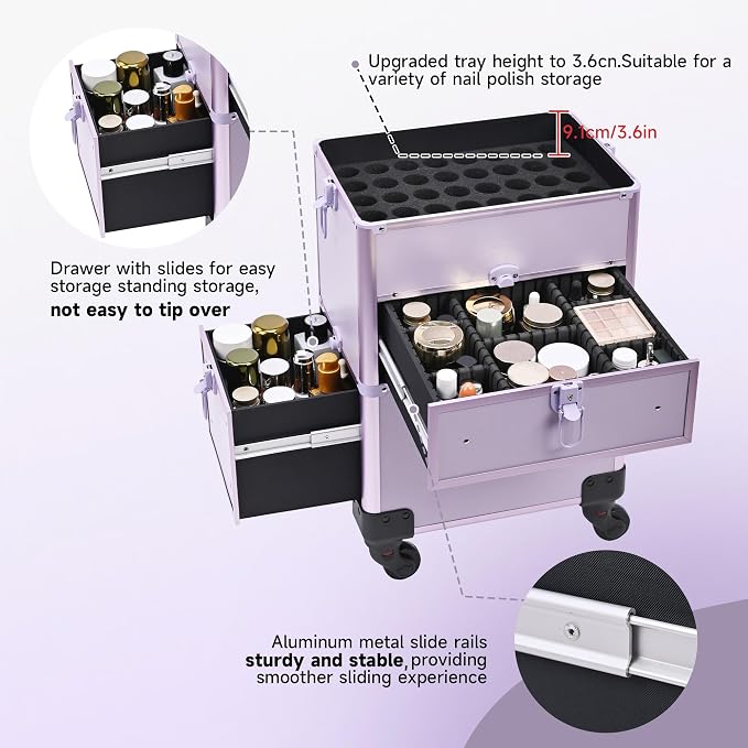 Somduy Rolling Makeup Case with Drawer, Makeup Train Case, 4 in 1Cosmetology Case on Wheels, Christmas Gift, Large Makeup Case Organizers, Profesional Cosmetic Case for Salon Barber, Purple - Image 6
