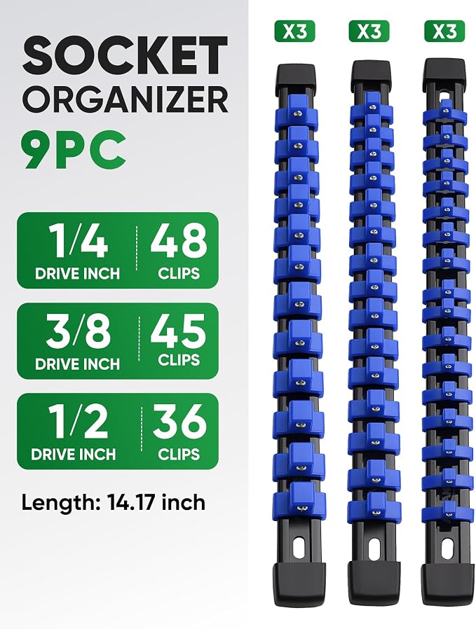 ALOANES 9PC ABS Socket Organizer, Socket Rails Fit 3/8 inch Drive | Portable Heavy Duty Socket Holders Hold up 135 Sockets for Mechanics Toolbox Drawer Bags(Blue) - Image 2