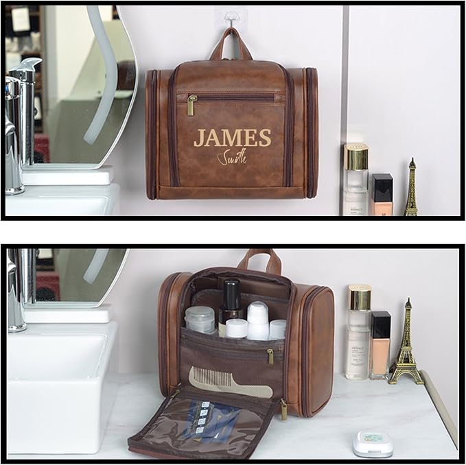 Personalized Leather Toiletry Bag, Brown, Three Layer Structure, Waterproof, Customizable Name Engraving, Travel Organizer for Men, Multi-Occasion Gift (UK1008) - Image 4