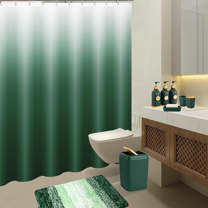 32PCS Dark Green Bathroom Accessories Set with Shower Curtain,Rugs,Trash Can,3PCS Lotion Soap Dispenser, Toothbrush Holder, Soap Dish,Tumbler Cup,6PCS Wood Tags Bath Accessories with Tray for Bathroom - Image 7
