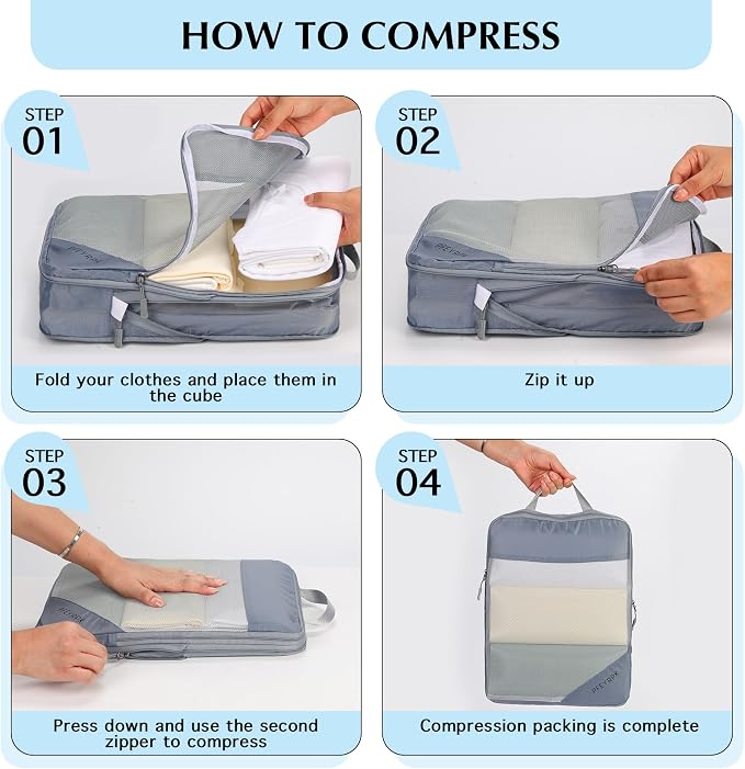 PFEYRPK Lightweight Compression Packing Cubes for Suitcases, Compressible Expandable Travel Packing Organizer with Clear Toiletries and Backpack Bag, Travel Essentials for Carry on Luggage 7 Set - Image 4