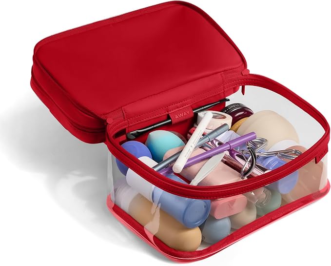 Away Clear Cosmetic Case - Water-Repellent Transparent Cosmetic Bag with 2 Compartments, Brush Holder, Interior Zip Pocket - Cherry Red - Image 6