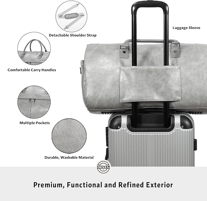 STOVER Garment Travel Duffle Bag, Large 2-in-1 Convertible Carry-on Luggage for Men & Women- Hanging Suits, Dresses & Clothes + Shoe Compartment- Weekender Tote Combo Duffel (Grey Leatherette) - Image 4
