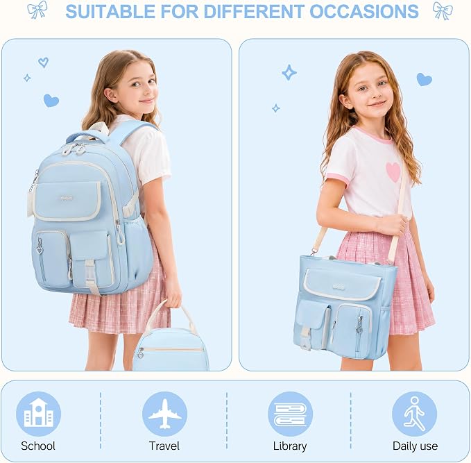 DIGOBAY Backpacks for Girls, 4PCS School Girls Backpack with Tote Bag Lunch Box Pencil Pouch for Teen Kids Elementary Primary Middle High College Travel School bag Bookbag Set, Blue - Image 4