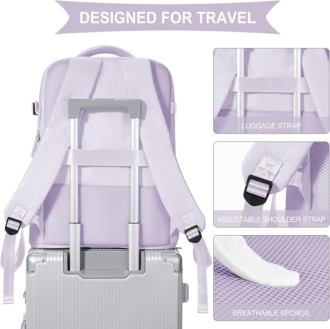 coowoz Large Travel Backpack For Women Men,Carry On Flight Approved,Hiking Waterproof Outdoor Sports Rucksack Casual Daypack Fit 15.6 Inch Laptop Shoes Compartment (Purple) - Image 7