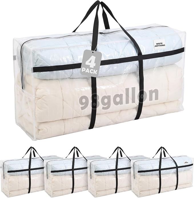 Windyun 4 Pack 98 Gallon Extra Large Moving Bags XXL Heavy Duty Storage Bag with Strong Zipper Handle Jumbo Big Tote Box Foldable for College Dorm Travel Clothes Duffle Blanket Pillow(Transparent) - Image 2