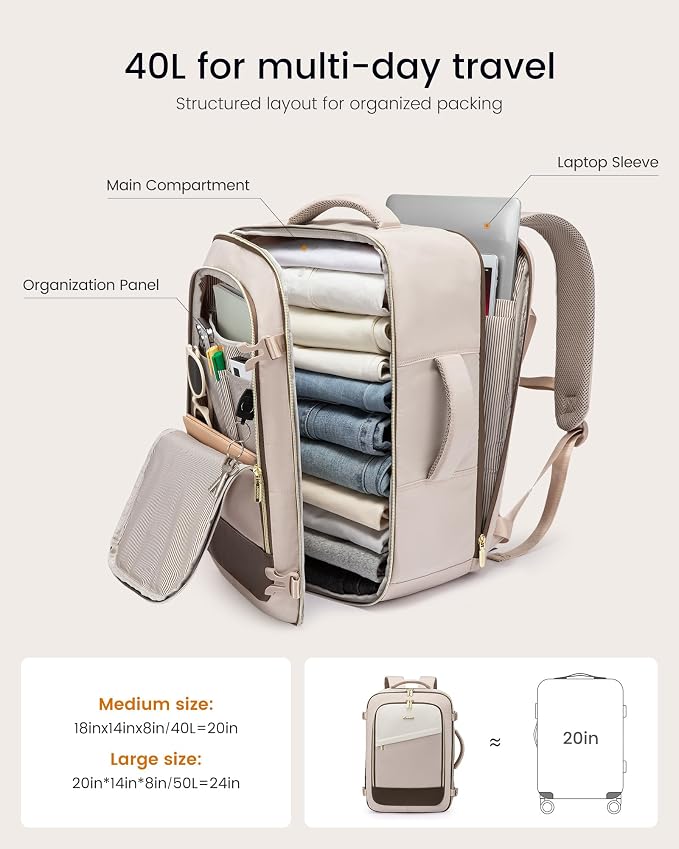 LOVEVOOK Travel Backpack for Women, 40L Carry On Backpack for Airplanes, Personal Item Bag for Airlines Fits 17 inch Laptop, TSA Approved Luggage with 3 Packing Cubes,Waterproof Weekender Gym Backpack - Image 3