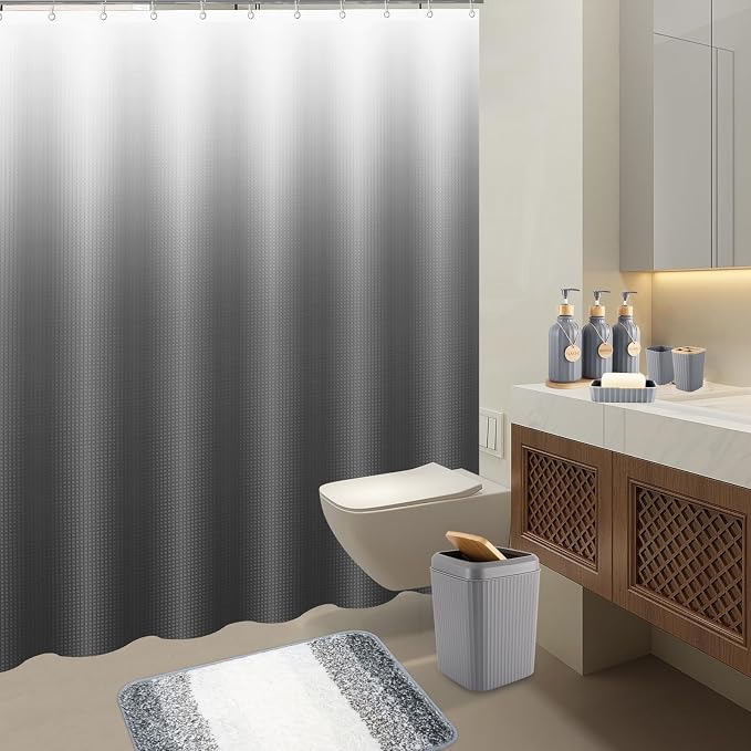 32PCS Grey Bathroom Accessories Set with Shower Curtain,Rugs,Trash Can,3PCS Lotion Soap Dispenser, Toothbrush Holder, Soap Dish,Tumbler Cup,6PCS Wood Tags Bath Accessories with Tray for Bathroom - Image 8