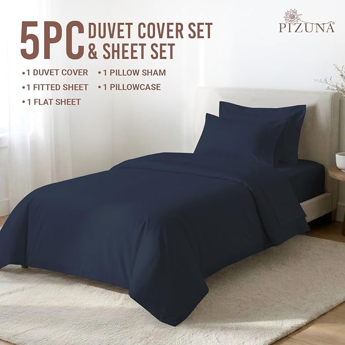 Pizuna Pure 100% Long-Staple Cotton Duvet Cover + Sheet Set Twin, Luxurious 400 Thread Count Long Staple Cotton, Soft Sateen Weave Bedding Set (Dark Blue) - Image 3