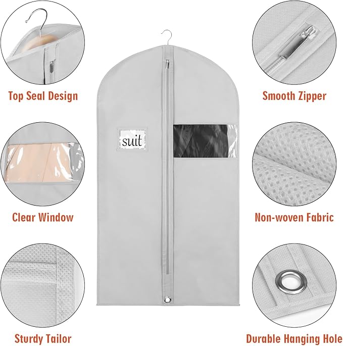 Univivi 10 Pack Suit Bags Garment Bag for Men Storage 40 inch Clothes Cover with Clear Window and ID Card Holder for Suit Jacket,Skirt, Shirt and Coat - Grey - Image 3