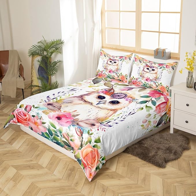 Girls Owl Bedding Set Cute Cartoon Animal Owl Print Duvet Cover Full Size for Boys Kids Lovely Owl Decor Comforter Cover Pink Flower Branch Spring Theme Bedding 3D Watercolor Owl Duvet Cover 3 Pcs - Image 2