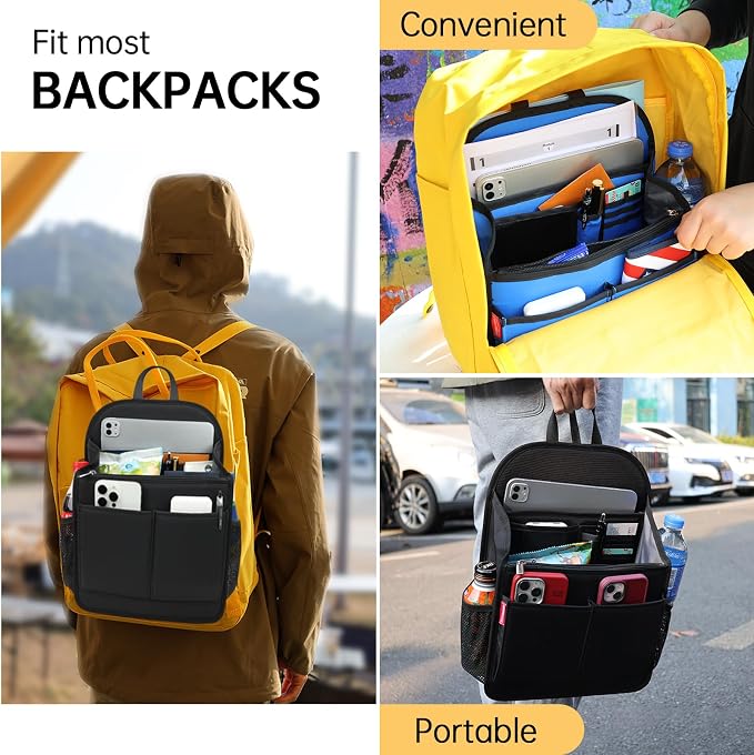 Large Premium Wider Rugged Backpack Organizer Insert for Men Women Work Travel -19 Pockets, Padded Nylon-Yellow - Image 8