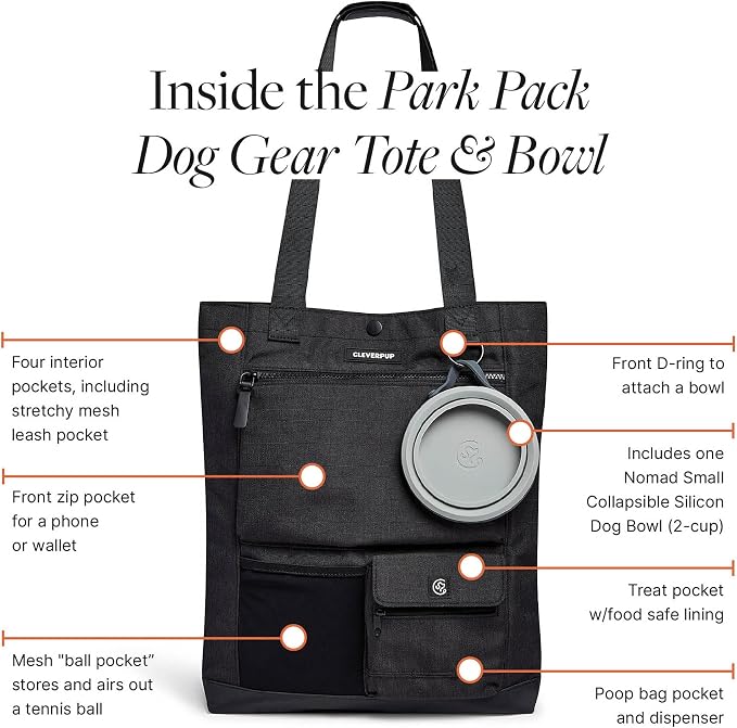 Cleverpup Park Pack 2-Piece Set Dog Gear Tote – Dog Travel Bag with 8 Pockets, Treat Pouch, Poop Bag Dispenser, Quick-Dry Ball Pocket, Collapsible Bowl, Perfect for Walks & Park Trips, Graphite - Image 2