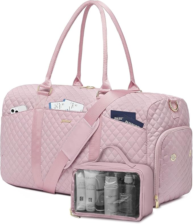 Women Weekender Travel Duffle Bag: Travel Duffel Overnight Bags with Shoe Compartment Large Carry on Tote with Toiletry Bag Weekend Traveling Yoga Gym Hospital Bag for Women with Wet Pocket Pink by FOCDOD
