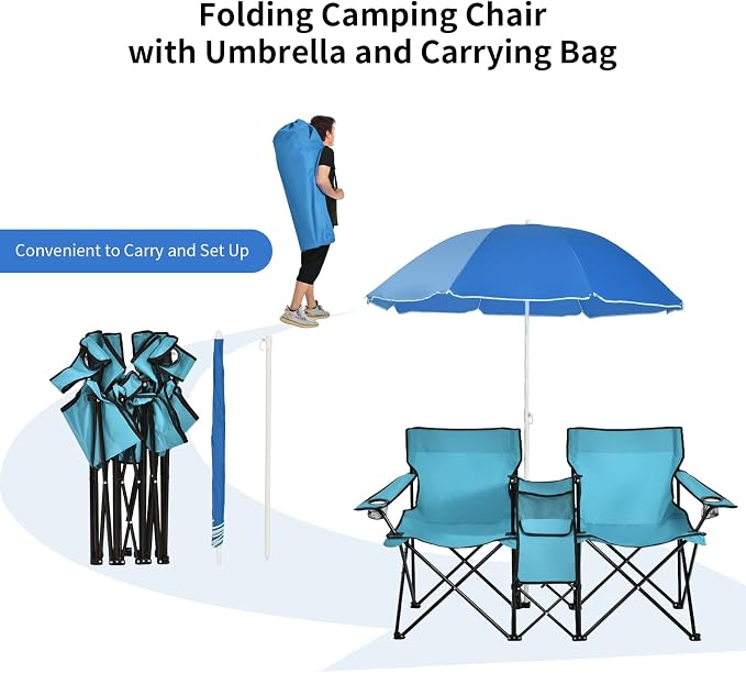 Goplus Double Camping Chair with Umbrella, Folding Loveseat Chairs w/Canopy Shade, Carrying Bag, Table, Cup Holder, Portable Beach Chairs Outdoor Picnic Patio (Turquoise) - Image 7