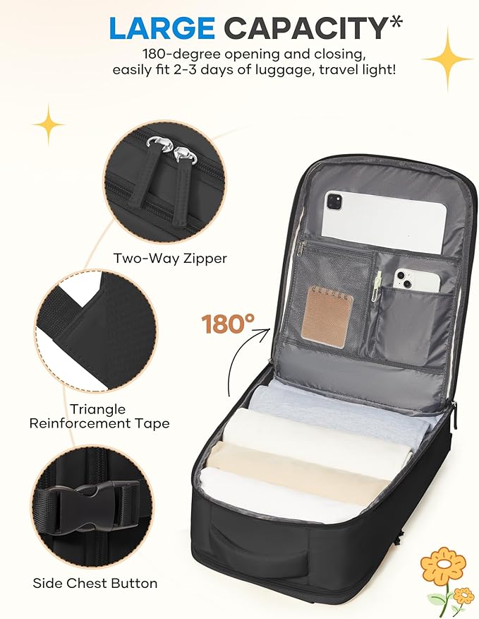 coofay Large Black Travel Backpack For Women Men Airline Approved Carry On Backpack Flight Approved Waterproof Sports Luggage Backpacks Casual Daypack Small Hiking Backpacks - Image 6