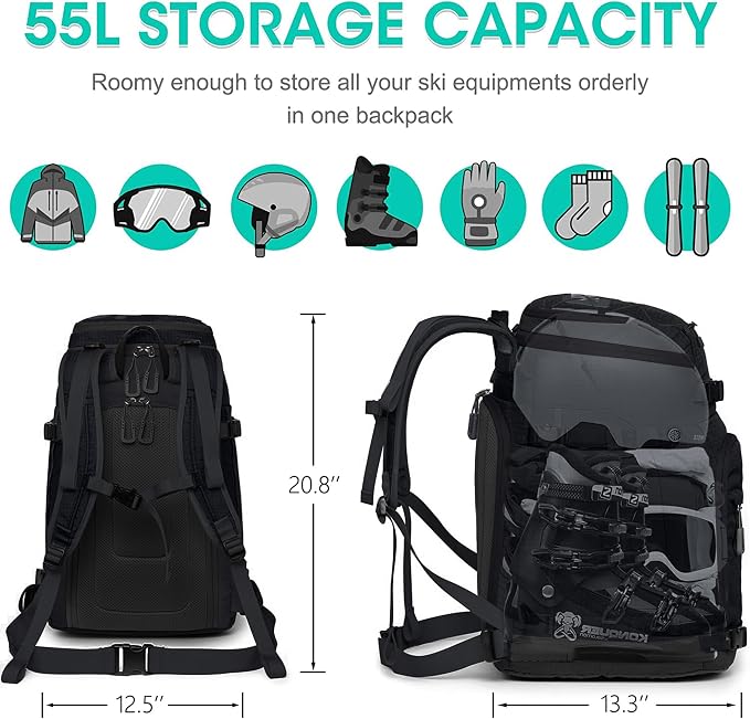 Ski Boot Bag, 55L/70L Waterproof Ski and Snowboard Boots Travel Backpack for Skis, Snowboard, Ski Helmet, Goggles, Gloves & Accessories - Image 2