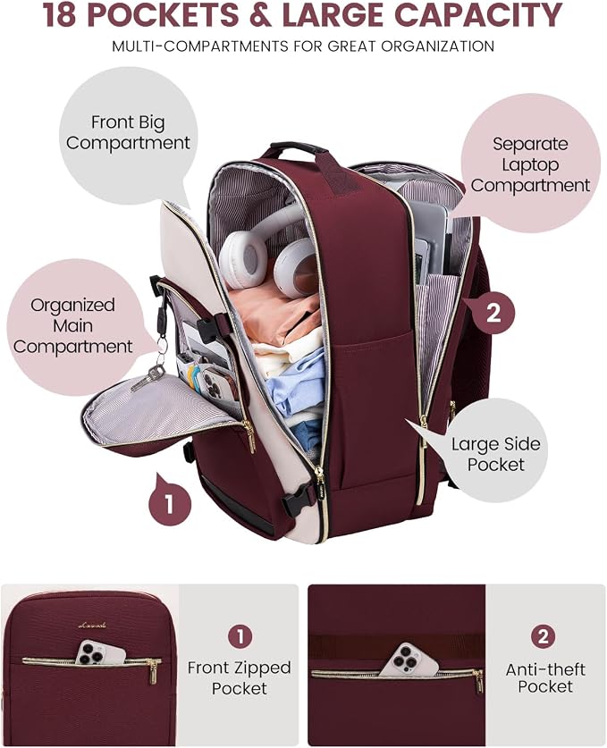 LOVEVOOK Large Travel Backpack for Women & Men, 40L Carry on Backpack for Airplanes, TSA Personal Item Travel Bag fits 17" Laptop, Waterproof Travel Essentials Airline Approved with 3 Packing Cubes - Image 4