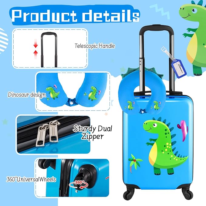 Sanwuta 4 Pcs Kids Luggage Set Back to School Gifts for Girls Boys Carry On Rolling Suitcase Backpack Neck Pillow Travel Set(17 Inch,Dinosaur Style,Blue) - Image 5
