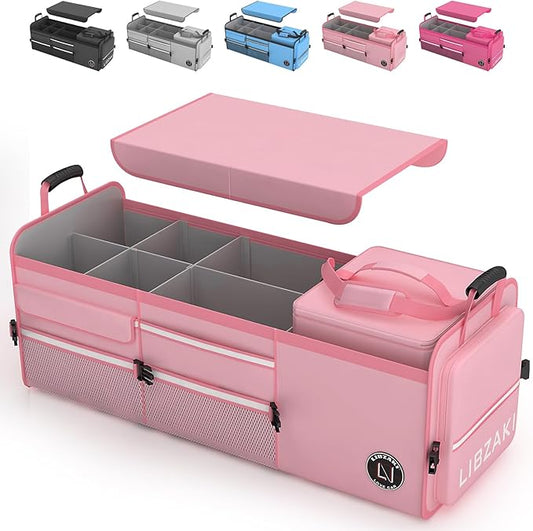 LIBZAKI Oversize 4 in 1 Car Trunk Storage Organizer, Multi Compartment Collapsible Trunk Storage Box with Cooler Bag for Car Truck SUV-Pink by LILIBZAKI