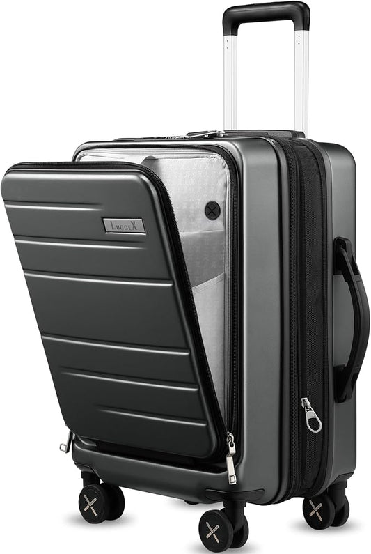 LUGGEX Carry On Luggage Front Opening 22x14x9 Airline Approved, Expandable Polycarbonate Suitcase with Front Pocket (Charcoal Metallic, 20 Inch) by LUGGEXLUGGAGE