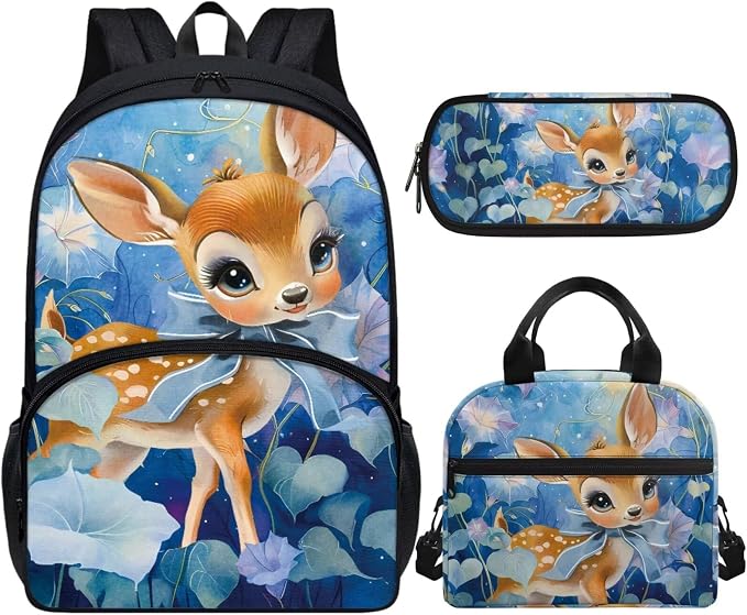 Deer Girls Schoolbag 3Pcs Kids Backpack Set for School Girls 1 Grade Elementary Kindergarten Preschool School Bag with Lunch Box and Pencil Bag by Vanideaoty