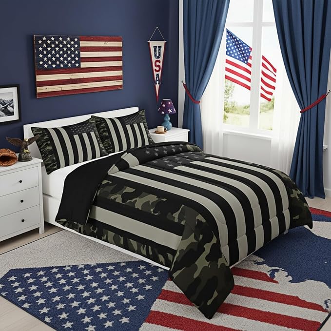 American Flag Comforter Set King Military Camo Down Comforter,Retro Army Green Camouflage USA Flag Bedding Set for Kids Boys Teens Men Bedroom,Black Grey Stars Stripes Quilt Duvet Set 2 Pillow Cases - Image 3