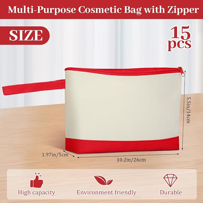 Silkfly 15 Pcs Cotton Canvas Makeup Bags Cosmetic Zipper Bags 10.2 x 5.5 x 2'' Blank DIY Pouch Bulk Pencil Case with Bottom Travel Toiletry Pouch for Women Craft Decor Gift (Beige and Red) - Image 2