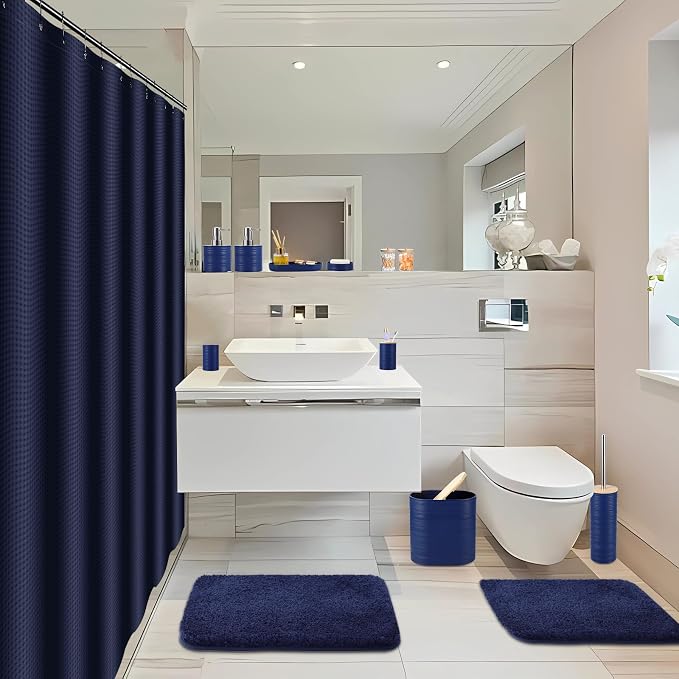 XLHOMO Bathroom Set - Navy Blue Bathroom Accessories Set, Bathroom Sets with Shower Curtain and Rugs, 25PC Shower Curtain Set with Hooks, Soap Dispenser, Soap Dish, Toilet Brush Holder and Trash Can - Image 9