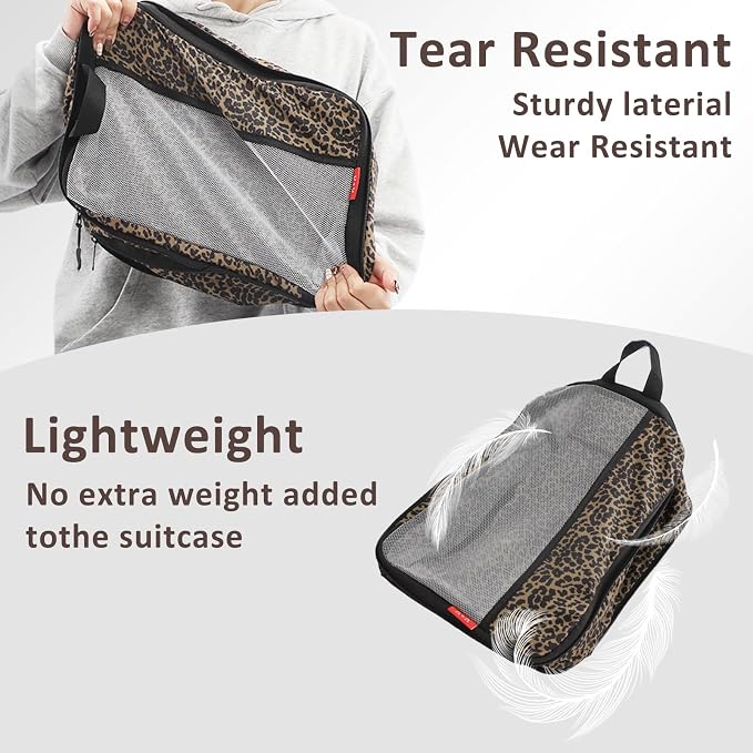 U+U 4 Set Compression Packing Cubes - Ultralight Travel Organizers, Space-Saving Suitcase Organizer, Expandable Packing Cubes for Travel, Business Trip and Family Vacation (Leopard) - Image 6