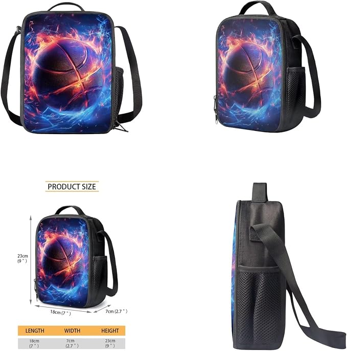 Fire Basketball Backpack for School Boys Backpack with Lunch Box Water Bottle Bag and Big Pencil Case 4PCS Set Bookbag with Front Pocket 17" Lightweight School Bag with Side Pocket for Kids - Image 4