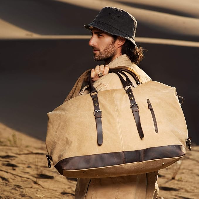 Oversized Washed Canvas Duffel Bag for Men | Large canvas weekender for men with genuine leather trim, adjustable strap and roomy storage for overnight and road trips - Image 6