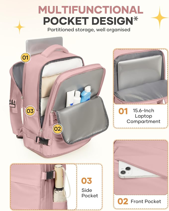 coofay Personal Item Travel Backpack for Women Airline Approved Carry on Backpack Flight Approved Waterproof Sports Luggage Backpack Casual Daypack Small Hiking Backpack Pink Backpack - Image 4
