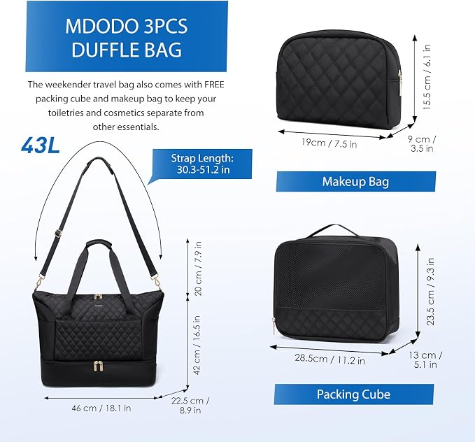MDODO Travel Duffel Bag for Women Weekender Overnight Carry on Tote with Shoe Compartment Wet Pocket for Business Trips Travel Sports Gym Yoga Hospital, 3 Pcs Set, 43L, Black, Water-Resistant Nylon - Image 2