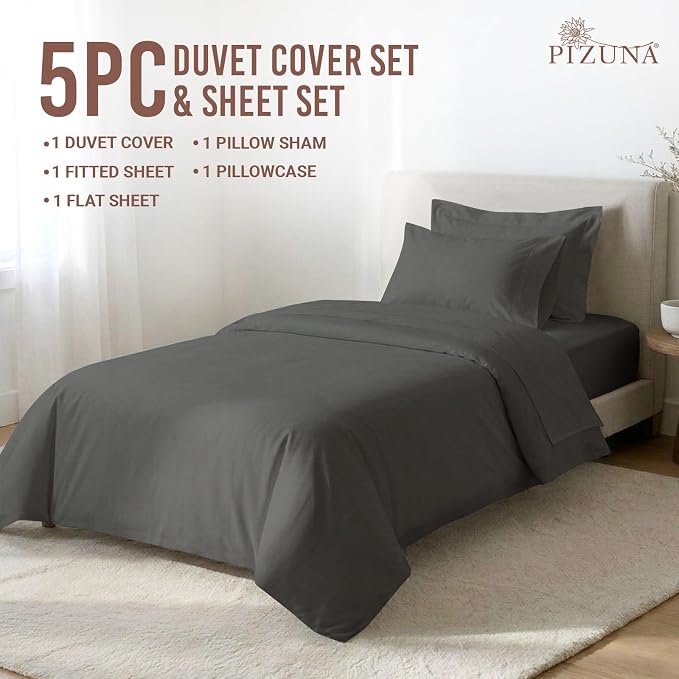 Pizuna Pure 100% Long-Staple Cotton Duvet Cover + Sheet Set Twin, Luxurious 400 Thread Count Long Staple Cotton, Soft Sateen Weave Bedding Set (Dark Grey) - Image 3