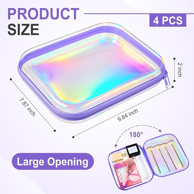 Hoolerry 4 Pcs Hard Clear Zipper Case Makeup Bags Plastic Zipper Pouch Transparent Storage Box Containers for Cosmetics, Snacks, Building Blocks, Puzzles(Clear,9.8 x 7.9 x 2 in,Purple Laser) - Image 2